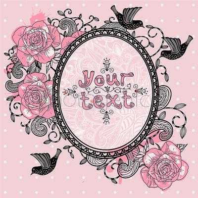 vintage vector frame with blooming roses and abstract birds