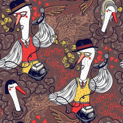 vintage vector  seamless pattern with funny loving  birds