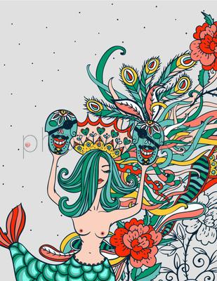 vintage vector background with a beautiful mermaid and pirate skulls
